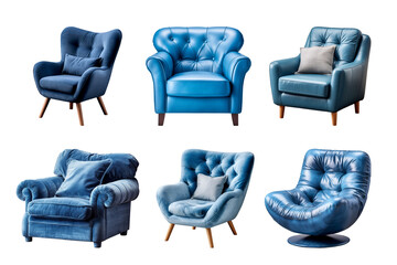 Sticker - Comfortable blue armchair collection isolated on a transparent background. Interior element