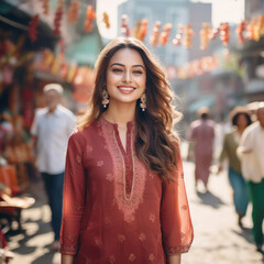 Wall Mural - Young indian woman walking on city street,smiling