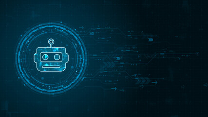 Poster - Blue digital robot head logo and circle futuristic HUD elements with flowing arrows with Ai chatbot and machine learning technology and ai assistance concepts on abstract background