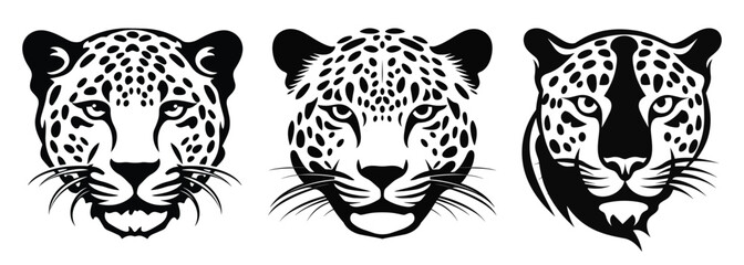 Set of Leopard Faces Black Color Vector Illustration