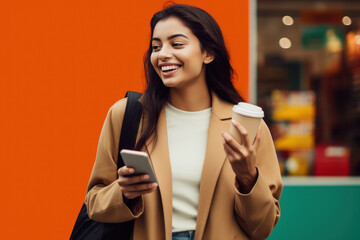 Young indian woman holding smartphone in hand, smiling