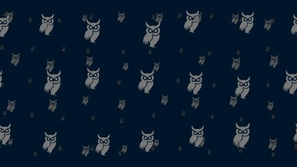 Poster - Owl symbols float horizontally from left to right. Parallax fly effect. Floating symbols are located randomly. Seamless looped 4k animation on dark blue background