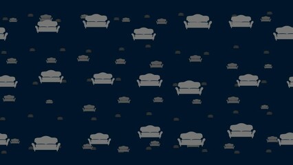 Poster - Sofa symbols float horizontally from left to right. Parallax fly effect. Floating symbols are located randomly. Seamless looped 4k animation on dark blue background