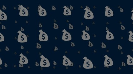 Poster - Bag of money symbols float horizontally from left to right. Parallax fly effect. Floating symbols are located randomly. Seamless looped 4k animation on dark blue background