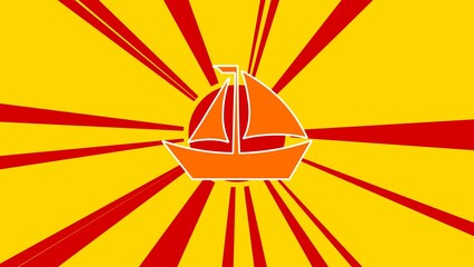 Poster - Sailing boat symbol on the background of animation from moving rays of the sun. Large orange symbol increases slightly. Seamless looped 4k animation on yellow background