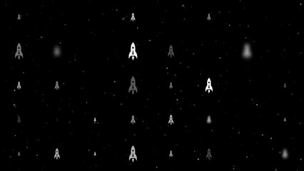 Poster - Template animation of evenly spaced rockets of different sizes and opacity. Animation of transparency and size. Seamless looped 4k animation on black background with stars