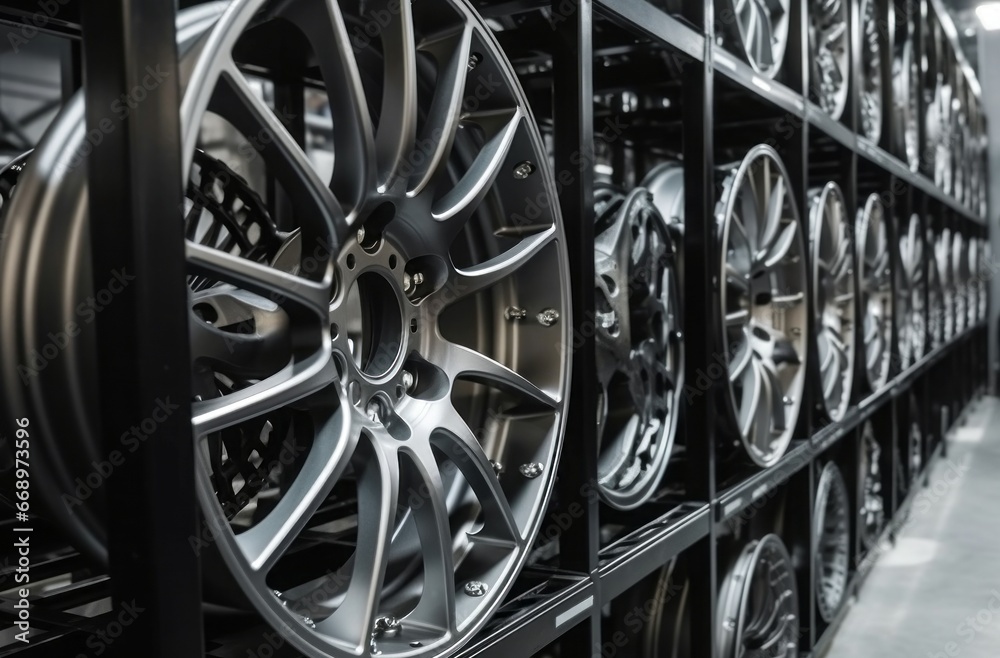 Closeup photo of wheels automobile on service center racks. Metal car ...