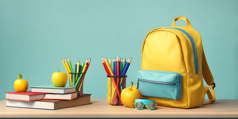 Wall Mural - Back to school concept, Big backpack on a desk in a classroom with school accessory.