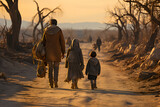 Fototapeta  - A refugee family escaping the ravages of war