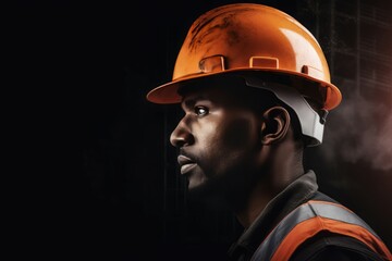 Construction foreman african american portrait. Helmet work design safety manager. Generate Ai