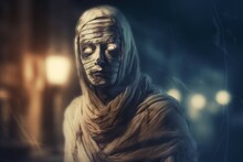 Mummy Night Street Portrait Digital Art. Face Zombie Spooky Eyes. Generate Ai