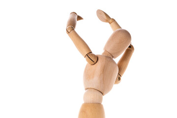 Poster - A wooden mannequin holding his hands up in the air. This versatile image can be used to convey concepts such as surrender, victory, celebration, or even a call for help.