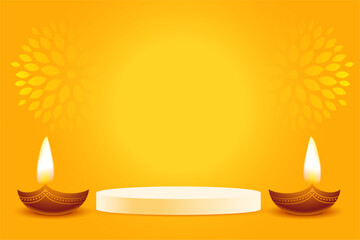 Wall Mural - 3d podium and diya design on yellow background for diwali festival vector