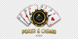 Concept poker and casino. Realistic playing chip spade and playing ace cards of all suits. Gambling token with suit spades. Banner for web app or site. Vector poster for championship.