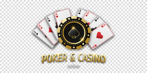 Wall Mural - Concept poker and casino. Realistic playing chip spade and playing ace cards of all suits. Gambling token with suit spades. Banner for web app or site. Vector poster for championship.