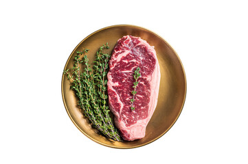 Wall Mural - Uncooked Raw New York beef steak with thyme. White background. Top view