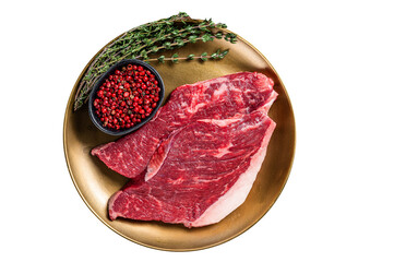 Wall Mural - Freah Raw cap rump beef meat steak in a plate with thyme, top sirloin steak. Dark background. Top view