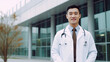 © Valua Vitaly - Happy Asian man doctor in white coat with a stethoscope standing outside the hospital. Portrait of a smiling Chinese male physician standing outside the clinic, on a summer day. Medic is on a break.