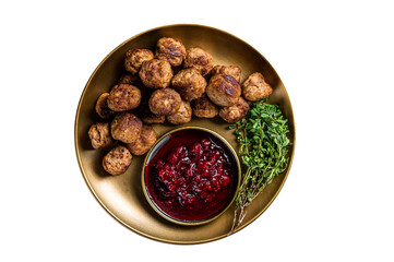 Wall Mural - Beef meatballs with lingonberries jam, swedish meatballs. Dark background. Top view