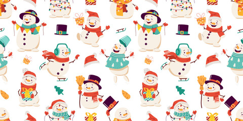 Christmas seamless pattern set. Fun and cute snowman characters in different expressions and poses, with Santa Claus hat, cylinder