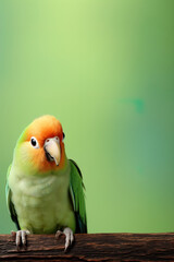 a parrot lovebird isolated on green background, with empty copy space