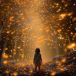Mystical foggy gold forest with brick road, a little elf girl and fireflies light background. Magic gold colored fairytale woodland, in the night forest. Fairy tale concept