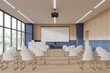 Blue and wooden lecture hall interior with projection screen
