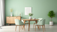Mint Color Chairs At Round Wooden Dining Table. Green Kitchen And Minimalist Interior. Generative Ai