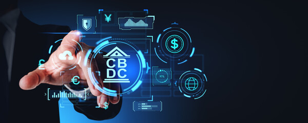 Poster - Businessman finger touching CBDC hologram hud with financial statistics