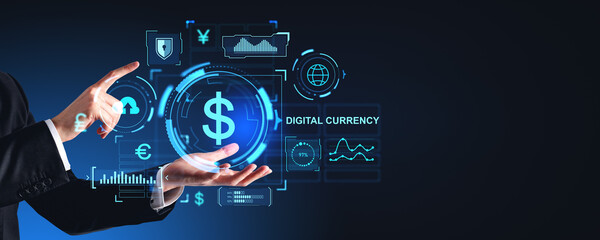 Poster - Man finger touching digital dollar hologram hud with statistics and indicators