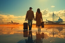 Double Exposure Of Couple With Suitcase And Aircraft