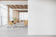 White and wooden open space office and board room interior with blank wall