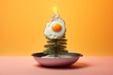 Christmas Tree In A Metal Pan With A Fried Egg As Baubles And A Star On A Bright Yellow Background. Christmas Or New Year Food Concept