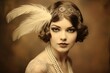 Flapper girl with pearls and headband in sepia-toned portrait.