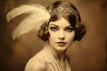 Flapper Girl With Pearls And Headband In Sepia-toned Portrait.