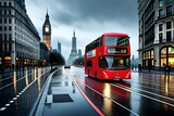Fototapeta Londyn - A bus driving in the raining