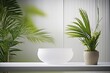 3D render empty blank white round products stand with clear mirror effect reeded glass shower screen and tropical green banana leafs plant. Natural beauty concept. generative ai.