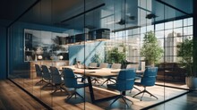A Conference Room Is Shown Inside Glass Walls, In The Style Of Raw Metallicity.