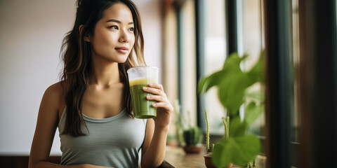 Asian Woman Finds Balance with Yoga and Green Smoothie at Home