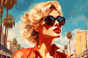 Wall Mural - Portrait of a beautiful fashionable woman with a hairstyle and sunglasses, in a city street. Bright day. Illustration poster in the style of 1960