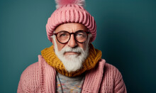 Friendly Mature Man With White Beard Wearing Winter Outfit With Hat And Scarf At Studio