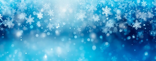 Wall Mural - Blue winter christmas white snowflakes background, christmas and winter concept, Banner or card. copy space for text