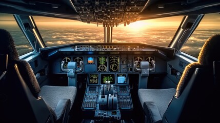 Poster - Controls and dashboards in the cockpit of an aircraft.