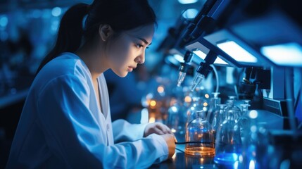 Aufkleber - A beautiful Chinese woman working in large modern laboratory with advanced equipment.