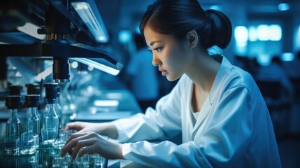 Poster - A beautiful Chinese woman working in large modern laboratory with advanced equipment.