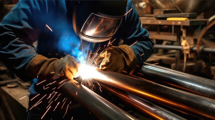 Poster - Technician Welding for steel structure at manufacture workshop.