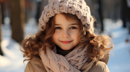 Poster - Portrait of a beautiful happy child girl in beige coat walking in a park, Winter outdoor.