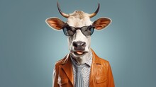 A Studio Portrait Of A Funky Cow Wearing A Brown Leather Jacket, Sunglasses, Tie On A Seamless Blue Solid Colored Background