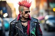 Punk rocker with vibrant mohawk and leather jacket.
