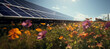 Flowers and solar panels on a flower field, in the style of nature-inspired imagery.